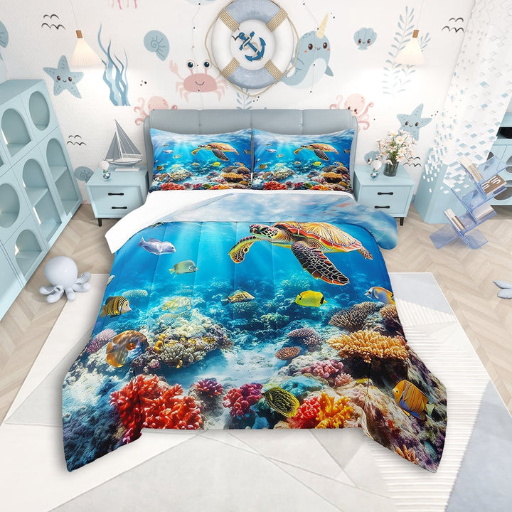 Erosebridal Sea Turtle Comforter Set Twin Size Fish Bedding Set Marine life Sealife Comforter Underwater Animal Pattern Quilt Set