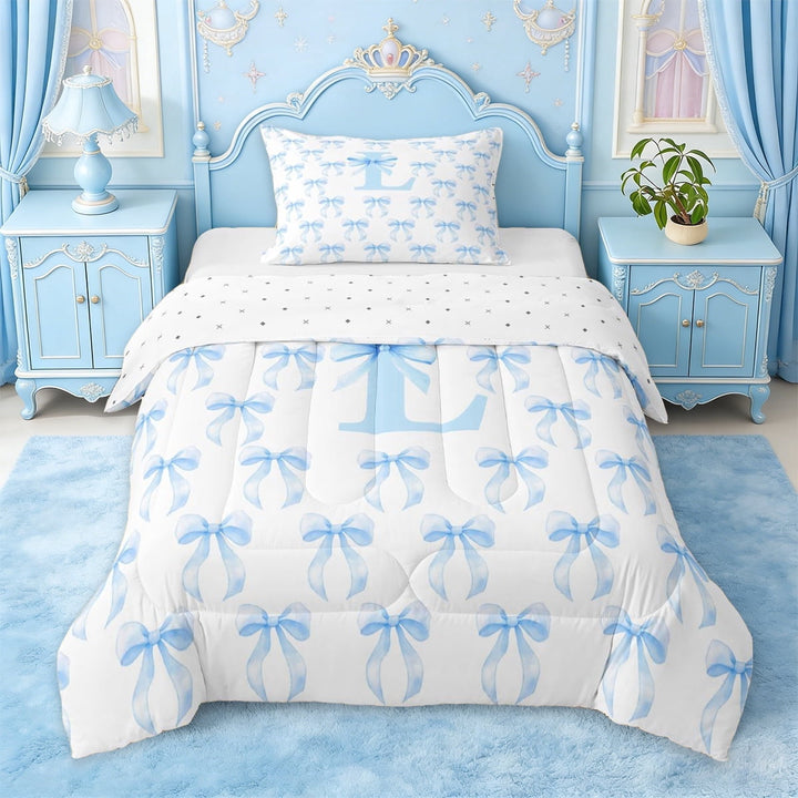 Erosebridal Ribbon Bowknot Twin Comforter Sets For Girls,Blue Bowtie Letter L Initial Bedding Set,Reversible,2-Piece