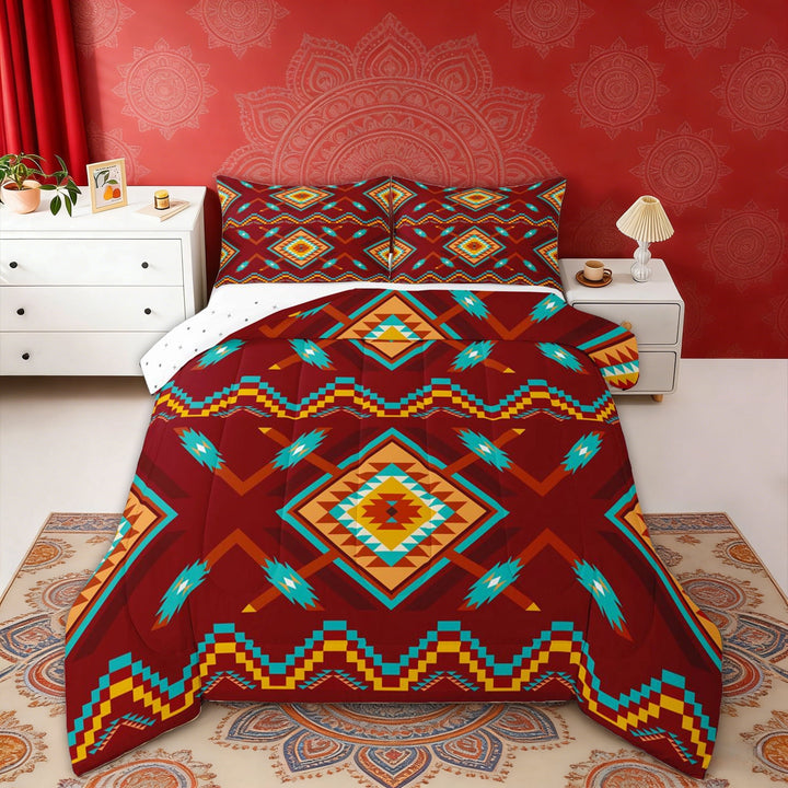Erosebridal Red Teal Orange Aztec Queen Comforter Set, Hippie Bohemian Geometric Bedding Comforter Set, Reversible 3-Piece, 1 Comforter and 2 Pillowcases