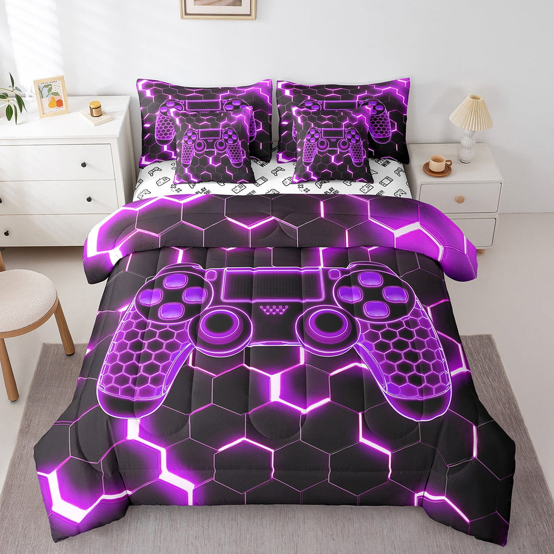Erosebridal Teens Gaming Bedding Sets Full Size, Purple Geometric Comforter Sets with Sheets, Honeycomb Bedroom Decor, Reversible