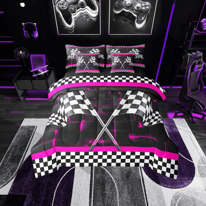 Erosebridal Racing Car Flag Bedding Sets Twin Size, Hot Pink Comforter Sets with Sheets, 3D Rectangle Decor, Reversible 7 Pieces