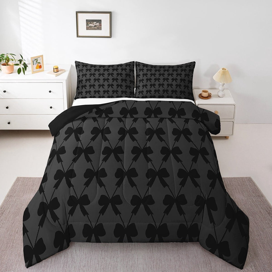 Erosebridal Black Bow Bedding Twin Comforter Set,Bowknot Bow Tie Down Comforter,Geometric Plaid Bedding Sets Twin with Comforter,Breathable Buffalo Bedroom Decorative,Reversible,2-Piece