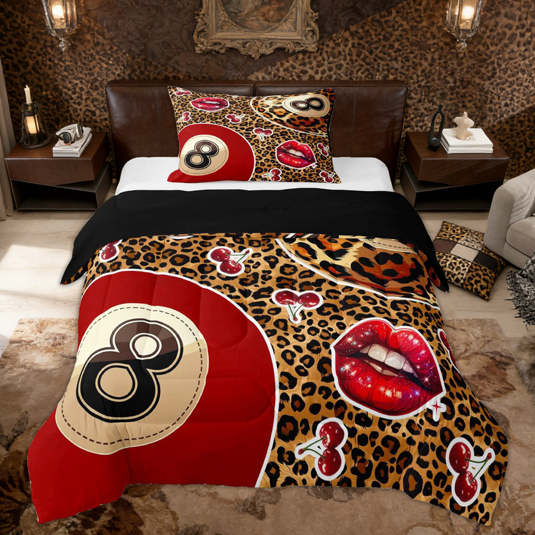 Erosebridal Leopard Print Billiards Twin Comforter Sets, Fashion Cherry Bedding Set for Women, 2pcs