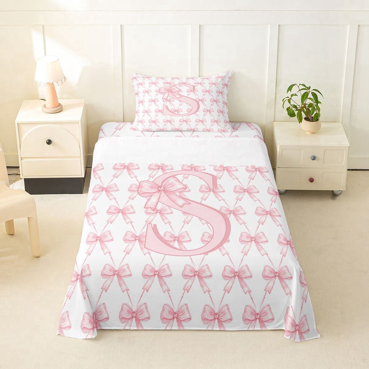 Erosebridal Princess Bow Letter Twin Sheet Sets for Kid, Pink Monogrammed S Bedding, 3-Piece