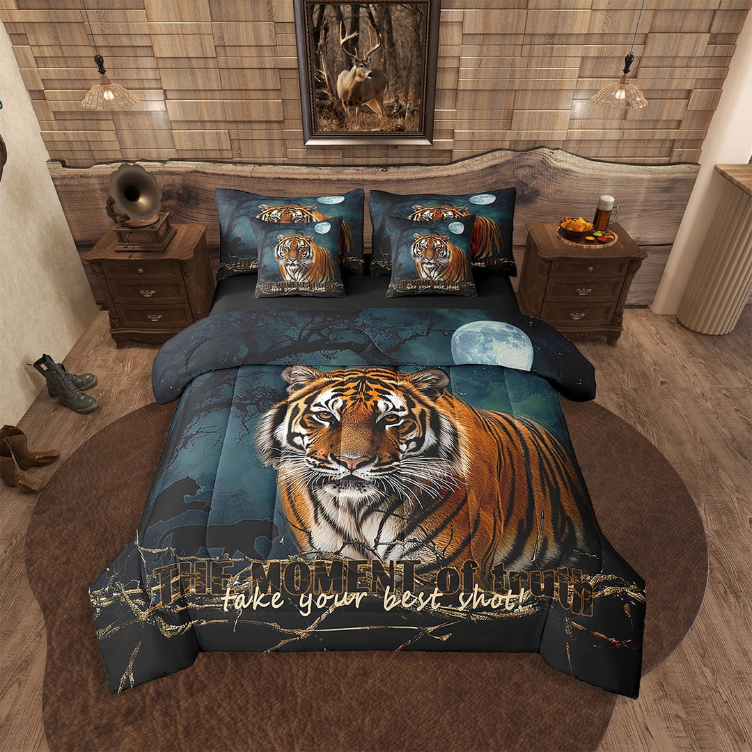 7Pcs Tiger 3D Print Comforter Set Twin,Animals Bedding Set Teens Wildlife Animal Theme Comforter + Flat Sheet + Fitted Sheet + 2 Pillowcases + 2 Throw Pillow Covers