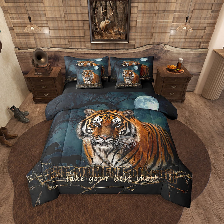 7Pcs Tiger 3D Print Comforter Set Twin,Animals Bedding Set Teens Wildlife Animal Theme Comforter + Flat Sheet + Fitted Sheet + 2 Pillowcases + 2 Throw Pillow Covers