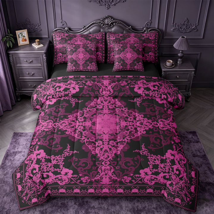 Erosebridal Retro Damask Flower 7pcs Bedding Comforter Set,Vintage Floral Queen Bedding Sets For Men Women,Reversible black