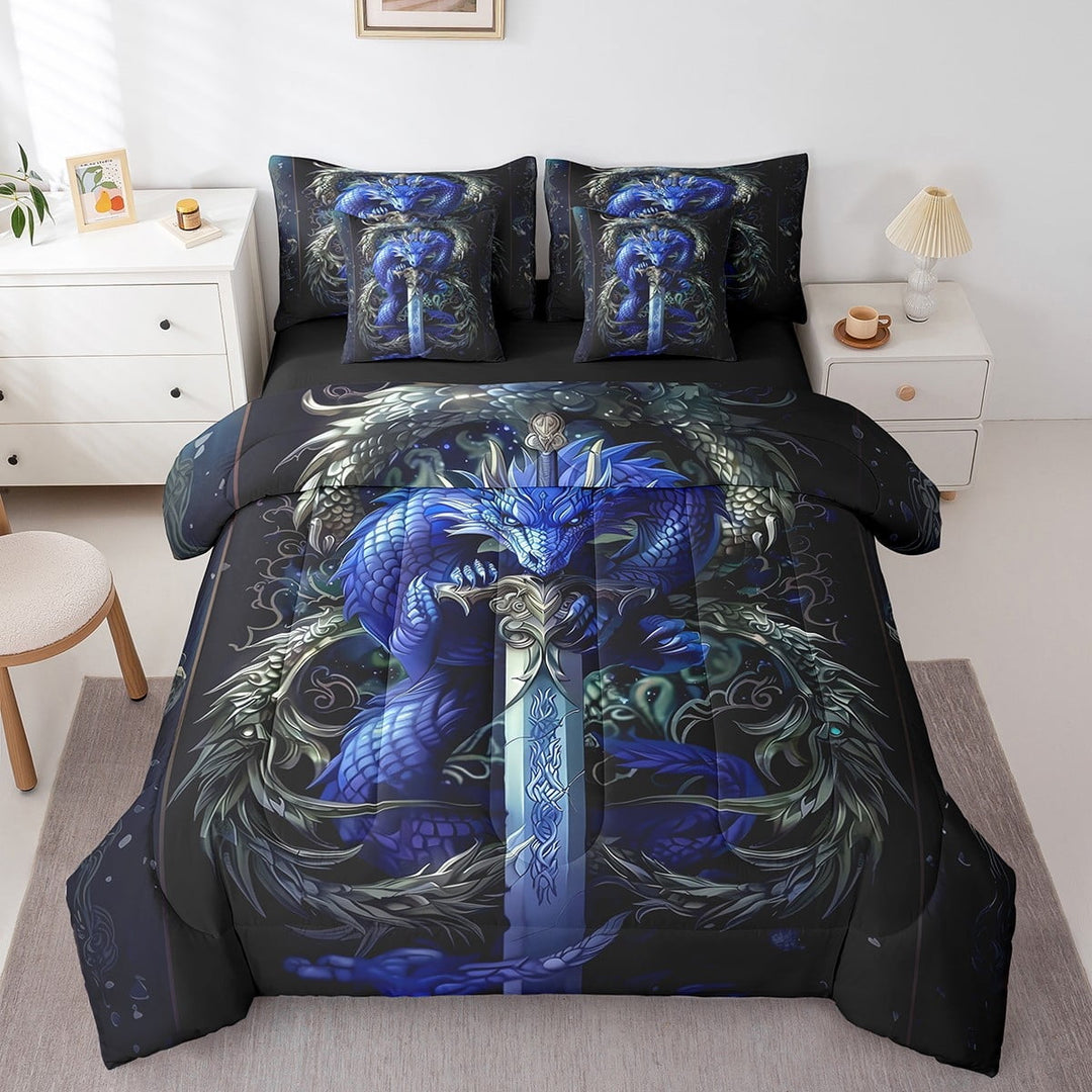 7Pcs Dragon And Sword Bedding Full,3D Dragon Comforter Set Fierce Wildlife Theme Comforter + Flat Sheet + Fitted Sheet + 2 Pillowcases + 2 Throw Pillow Covers
