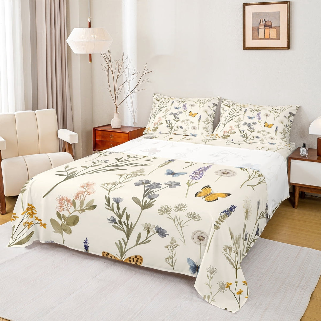 Manfei Rustic Floral Leaf Bed Sheets,Rustic Natural Plant Flower King Sheets,Beige Green Sheet Set For Girls,Super Cozy Room Decor,4 Pieces