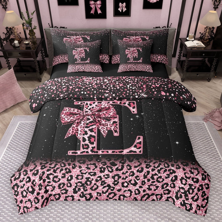 Erosebridal Cute Pink Leopard Print Twin Bedding Sets for Girls, Bowknot Letter E Bedding Comforter Set, Black Reversible 7pcs