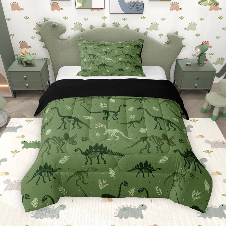 Erosebridal Kids Boys Dinosaur Twin Comforter Sets, Green Dino Animal Bedding Set, Black Reversible, 1 Comforter and 1 Pillowcase