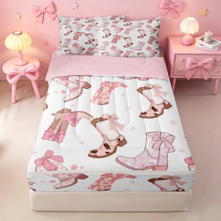 meiyoeat Western Cowgirls Boots Zipper Twin Comforter Sets with Fitted Sheet and 2 Pillowcases For Girls,Pink Coquette Bow Zipper Bedding Set For Kids,Pink Reversible,4 Pieces