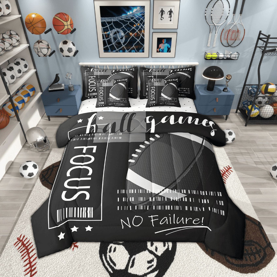 7 Piece American Football Queen Bed in a Bag,Black White Football Comforter Sets Sports Room Decor ,Rugby Football Bedding Set with Fitted Sheet,Flat Sheet,Pillowcases &amp; Shams