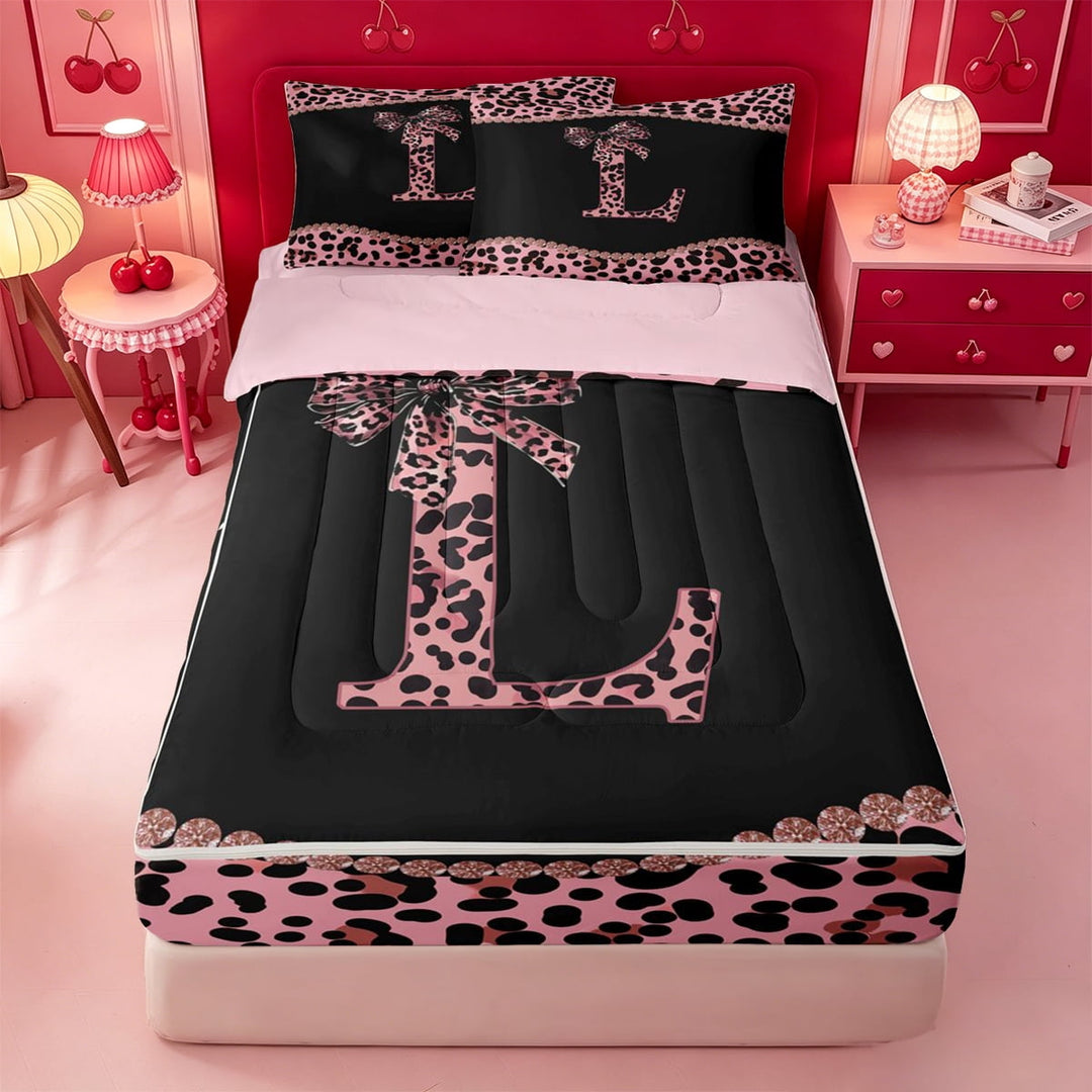 meiyoeat Pink Monogram L Zipper Full Size Comforter Sets with Fitted Sheet and 2 Pillowcases For Girls,Fashion Leopard Pattern Zipper Bedding Set For Kids,pink Reversible,4 Pieces