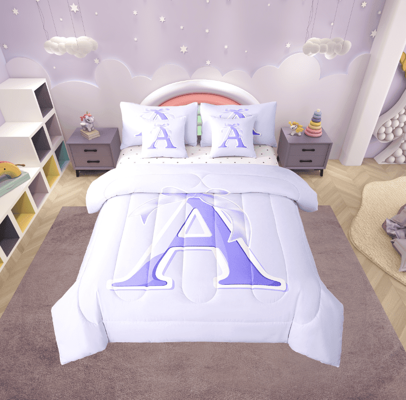 Erosebridal Initial A Letter Bed in a Bag Twin size, Princess Bow Bed Set, Purple Monogrammed Reversible Bedding Twin Size, Microfiber Room Decor, 7pcs