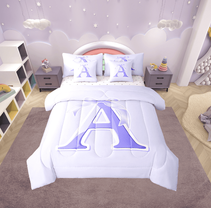 Erosebridal Initial A Letter Bed in a Bag Twin size, Princess Bow Bed Set, Purple Monogrammed Reversible Bedding Twin Size, Microfiber Room Decor, 7pcs