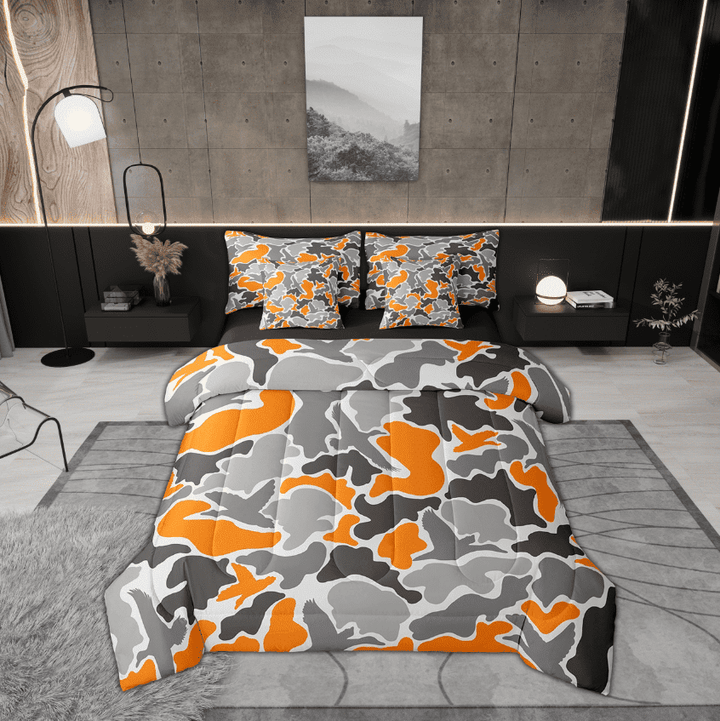 Erosebridal Orange Gray Camouflage Bedding Sets Twin Size, Aesthetic Abstract Artwork Comforter Sets with Sheets, Camo Bedroom Decor, Reversible 7-Piece