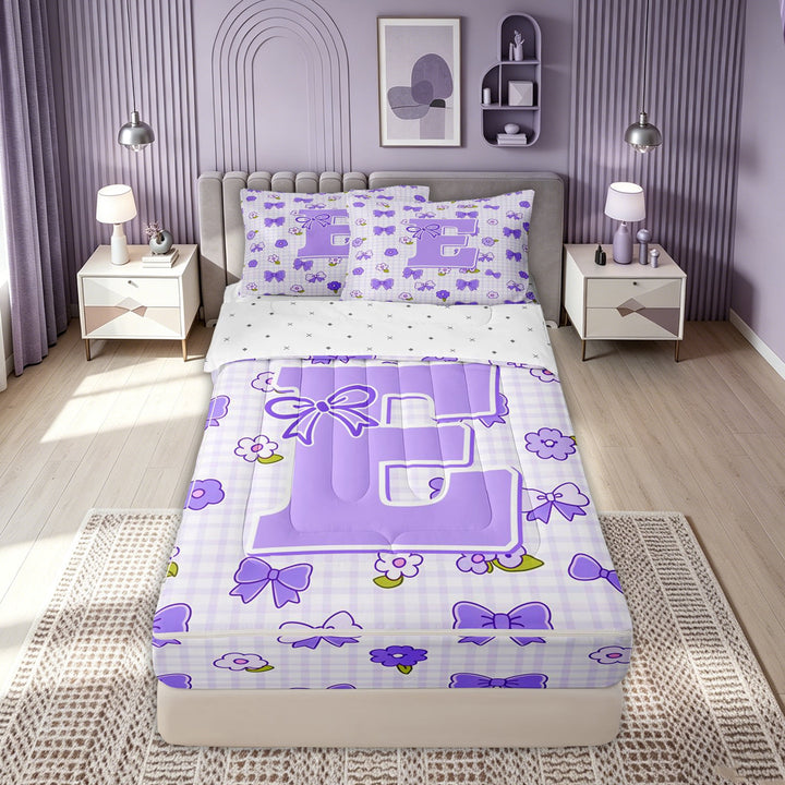 meiyoeat Cute Bow Letter E Zipper Comforter Set with Fitted Sheet and 2 Pillowcases, Floral Plaid Zipper Bedding Set for Kids Girls, Purple, Reversible, 3 Pieces