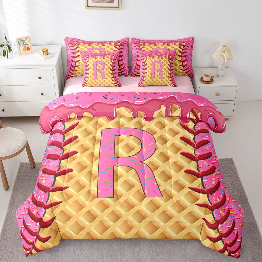 Erosebridal Pink Initial R Twin Bedding Sets for Kids, Cute Ice Cream Drip Bedding Comforter Set, 7-Piece
