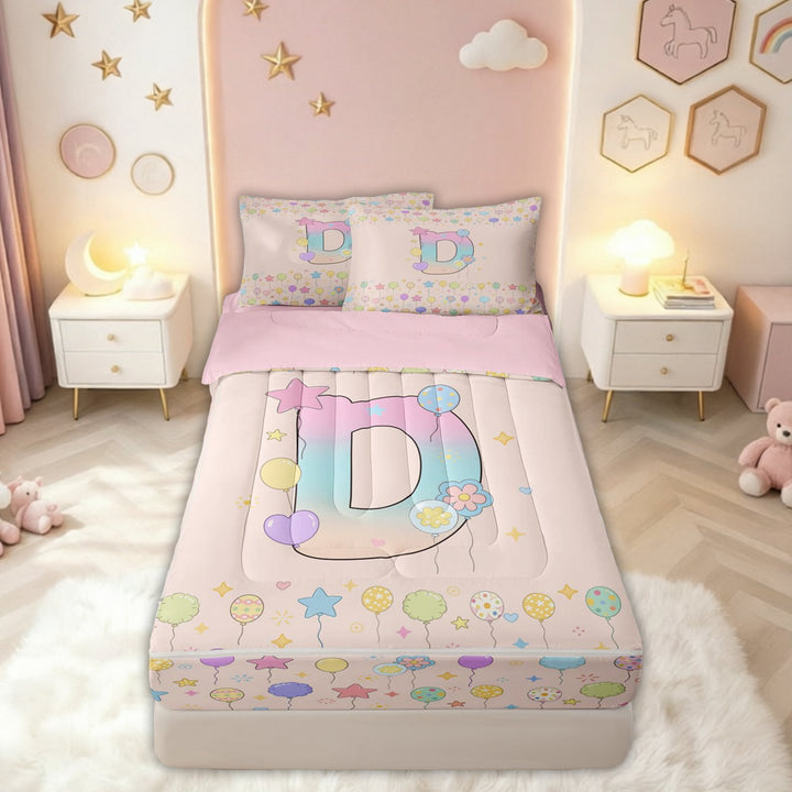 meiyoeat Pastel Balloon Letter D Print Zipper Comforter Set with Fitted Sheet and 2 Pillowcases for Boys Girls, Birthday Party Zipper Bedding Set, Pink Reversible, 3-Piece