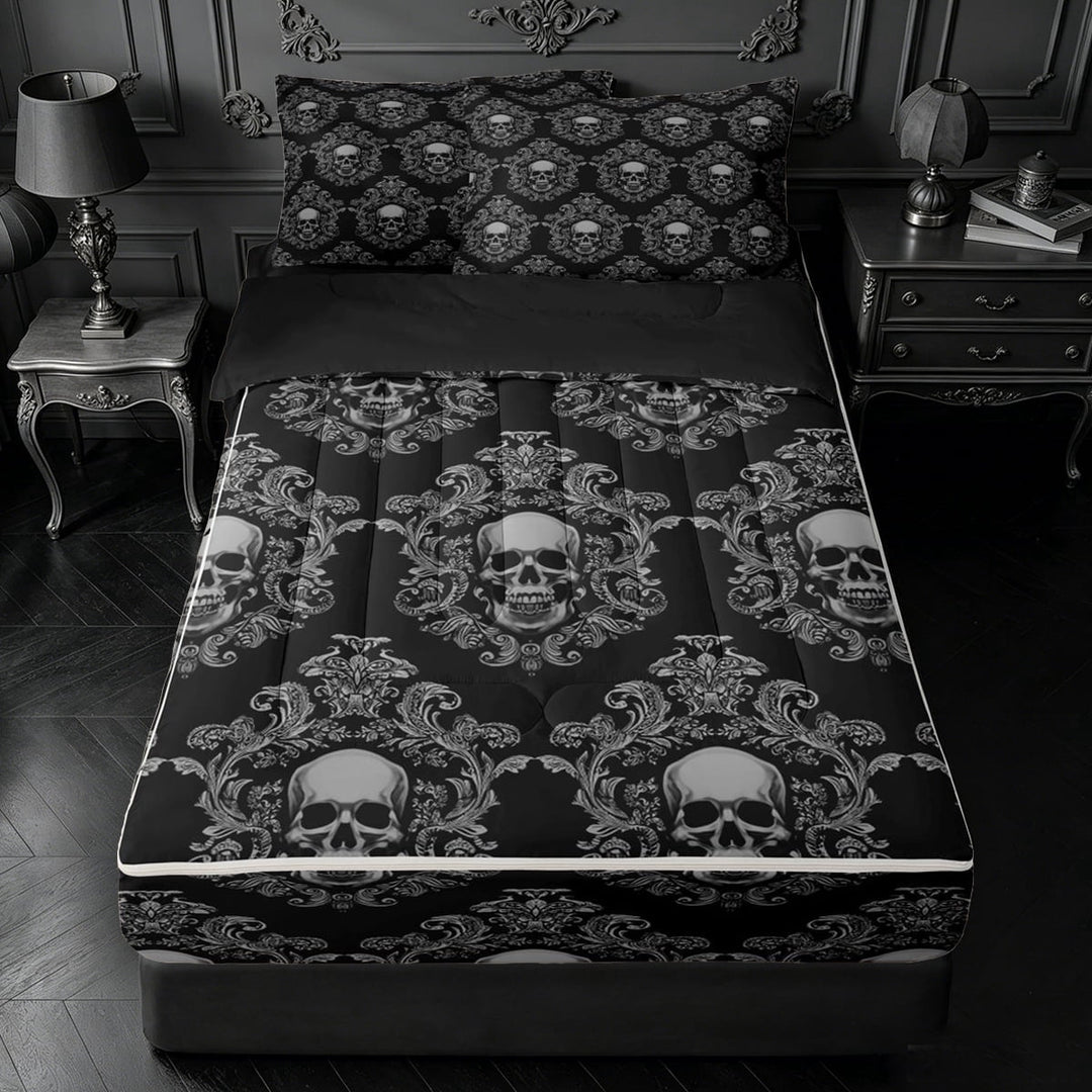 meiyoeat Edgy Skull Zipper Full Size Comforter Sets with Fitted Sheet and 2 Pillowcases,Intricate Damask Zipper Bedding Set For Adults,Gray Black,Black Reversible,4-Piece