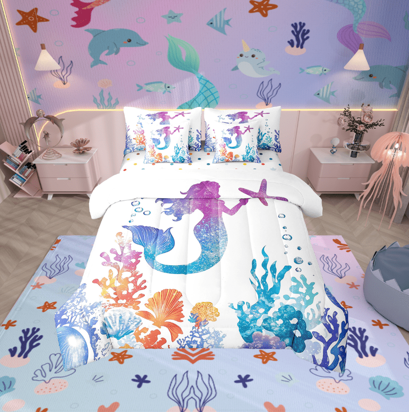 Erosebridal Mermaid Print Bed in a Bag Twin size, Colorful Coral Bed Set, Dreamy Fairy Tale Reversible Bedding Twin Size, Lightweight Bedroom Decoration, 7pcs