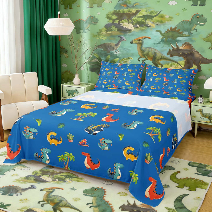 Erosebridal Funny Dinosaur Full Size Sheets for Boys Girls, Cute Animal Wildlife Bed Sheets, Blue, 4pcs (1 Flat Sheet, 1 Fitted Sheet and 2 Pillowcases)