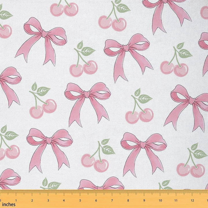 Erosebridal Cherry Bowknot Fabric By The Yard,Bow Tie Upholstery Fabric,Yummy Fruit Indoor Outdoor Fabric,Kawaii Watercolor Bow Decorative Fabric,Pink White,2 Yards