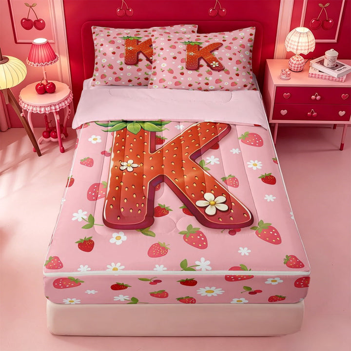 meiyoeat Cute Strawberry Daisy Zipper Twin Comforter Sets with Fitted Sheet and 2 Pillowcases,Kids Personalized Initial Alphabet K Zipper Bedding Set For Girl,Pink Reversible,4-Piece