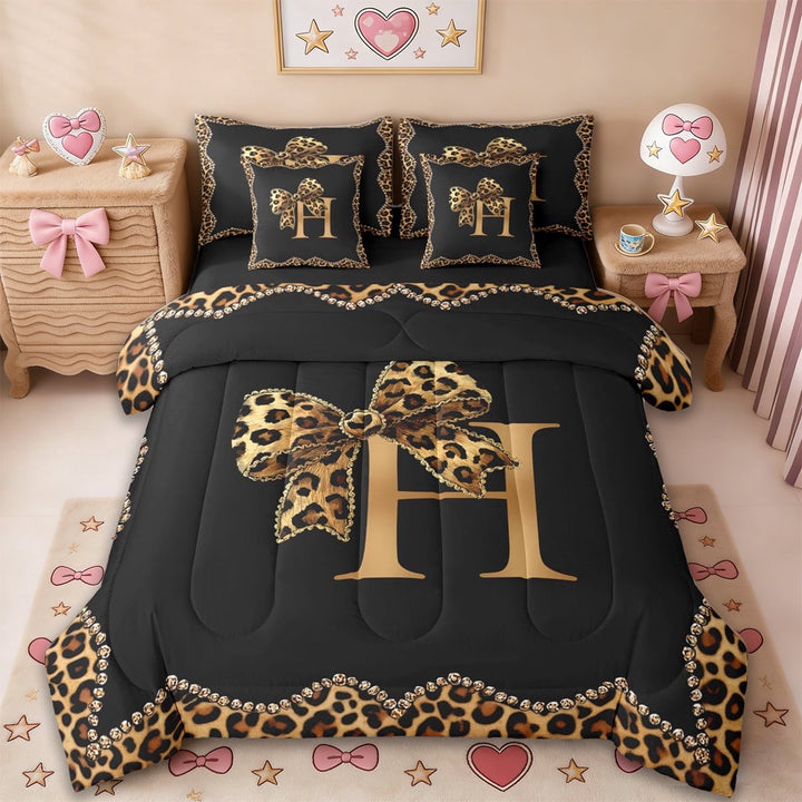 Erosebridal Fashion Letter H Monogrammed 7-Piece Twin Bedding Sets For Cheetah Lover,Brown Leopard Print Cute BowknotBedding Comforter Set For Girls Women,Reversible black