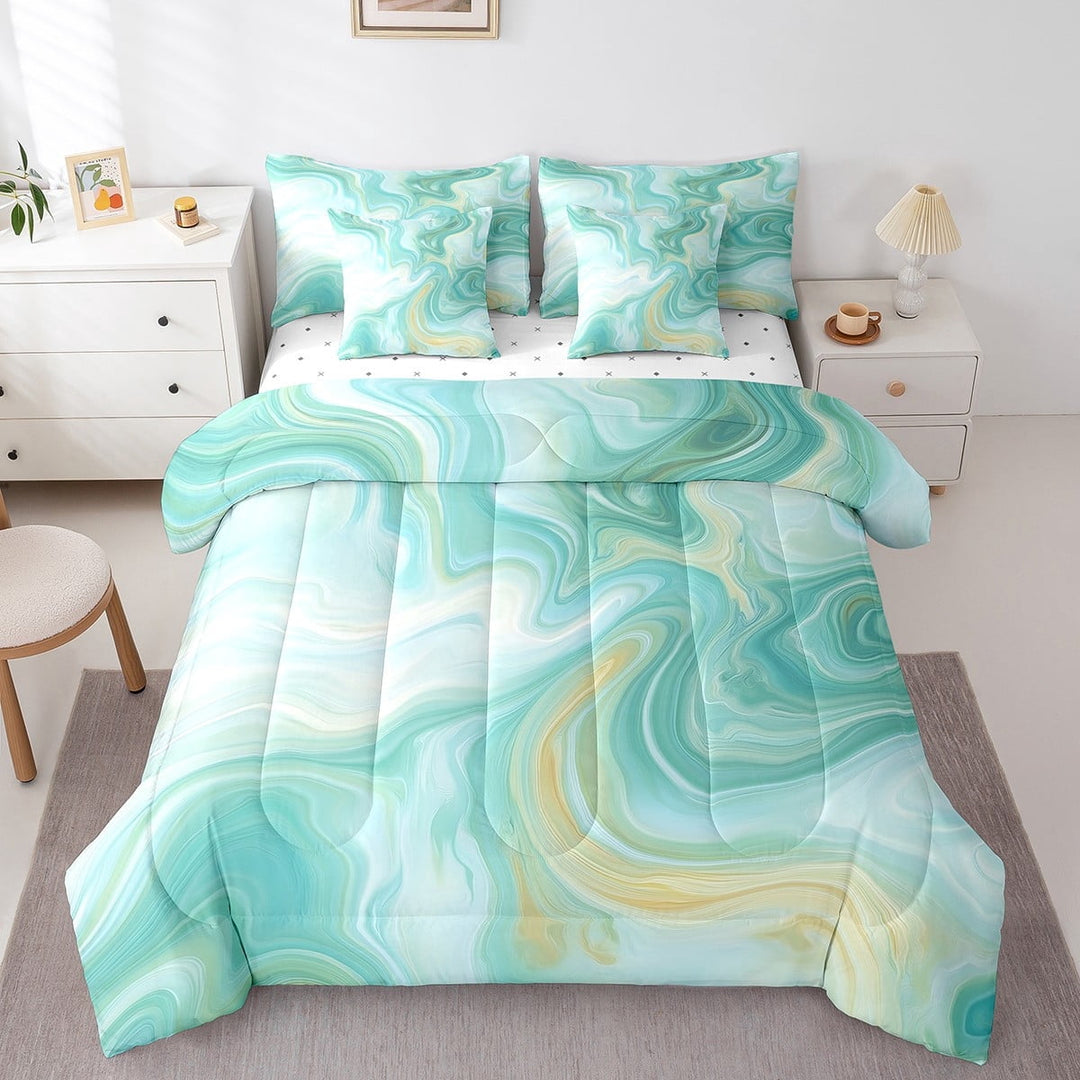 Abstract Marble Art Bed In A Bag With Sheets Green Golden Marble Bedding Set 7 Piece For Women Men,Gradient Marbling Queen Comforter Sets Modern Simple Stone Grain Watercolor Bed Set