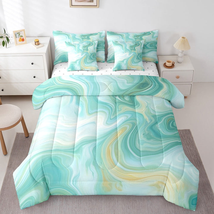 Abstract Marble Art Bed In A Bag With Sheets Green Golden Marble Bedding Set 7 Piece For Women Men,Gradient Marbling Queen Comforter Sets Modern Simple Stone Grain Watercolor Bed Set