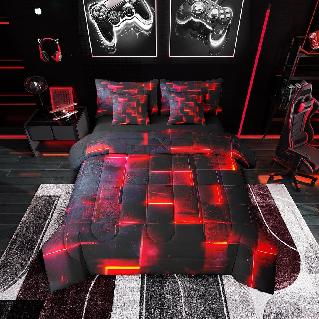 Black and Red Bed in a Bag 7pcs Modern Abstract Bedding Set, 3D Glowing Plaid Full Size Comforter Set Gradient Grid Bedding Comforter Sets, Neon Square Bed Set