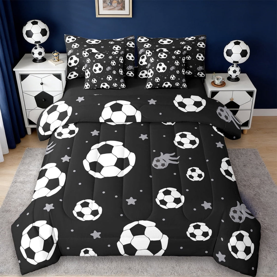 Erosebridal Ball Games 7-Piece Twin Bedding Sets,Kids Cartoon Football Pattern Bedding Comforter Set For Soccer Boys,Reversible Black