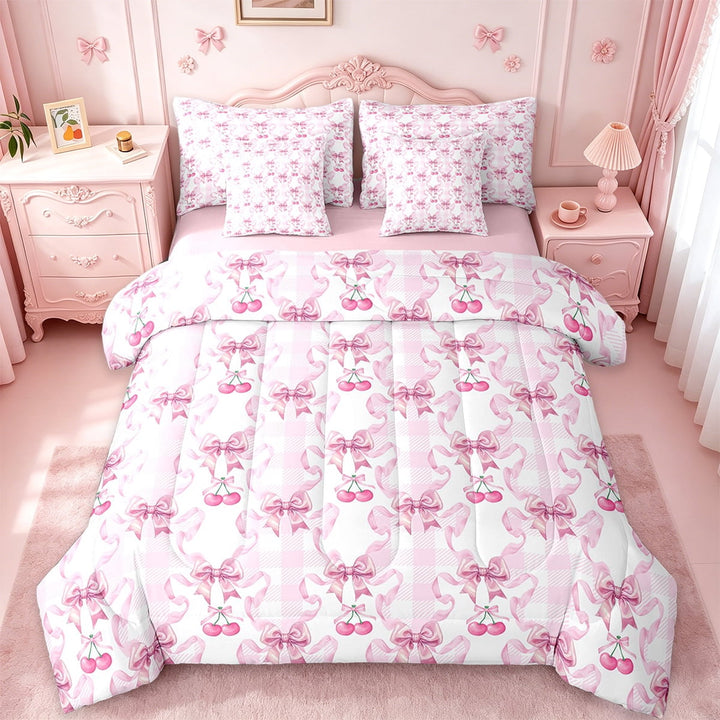 Erosebridal Cute Bowknot Bedding Sets Twin Size,Ribbon Bowtie Comforter Sets with Sheets,Pink Cherry Furit Bed in a Bag Twin Size For Girls,Ultra Soft Bedroom Decoration Reversible,7-Piece