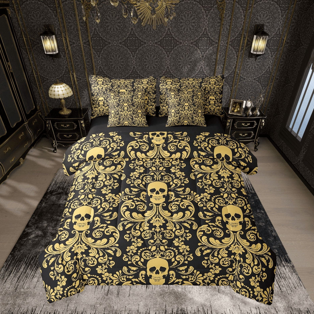 Damask Gothic Bedding Set Adults Antique Victorian Bed in a Bag King Size Comforter Set 7 Pieces,Black Yellow Sugar Skull Sheet Set Vintage Floral Goth Bed Set,Exotic Bone Skeleton Bohemian Decor