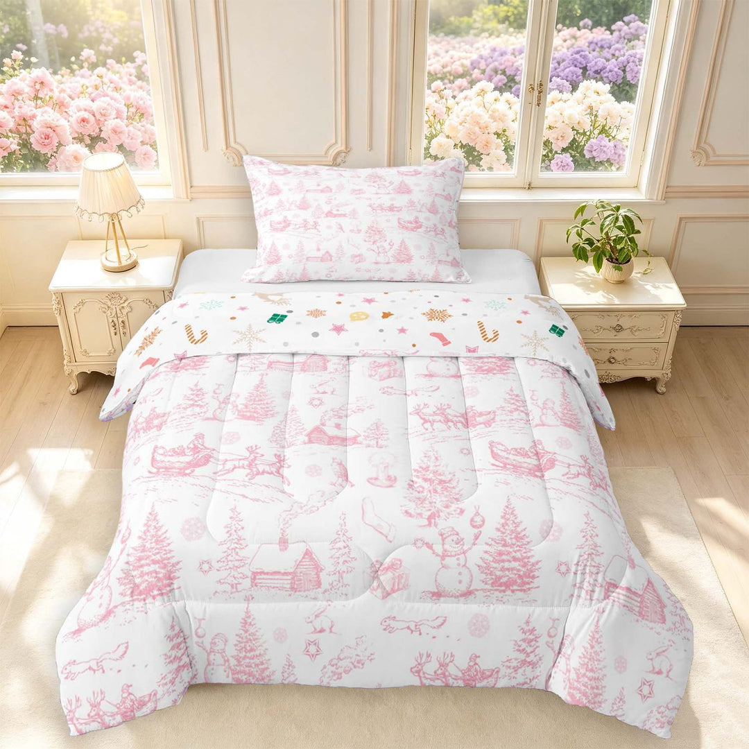 Manfei Pink Sketch Christmas Twin Comforter Sets,Cute Snowman Bedding Set,Pink,Christmas Reversible,2 Pieces,1 Comforter and 1 Pillowcase