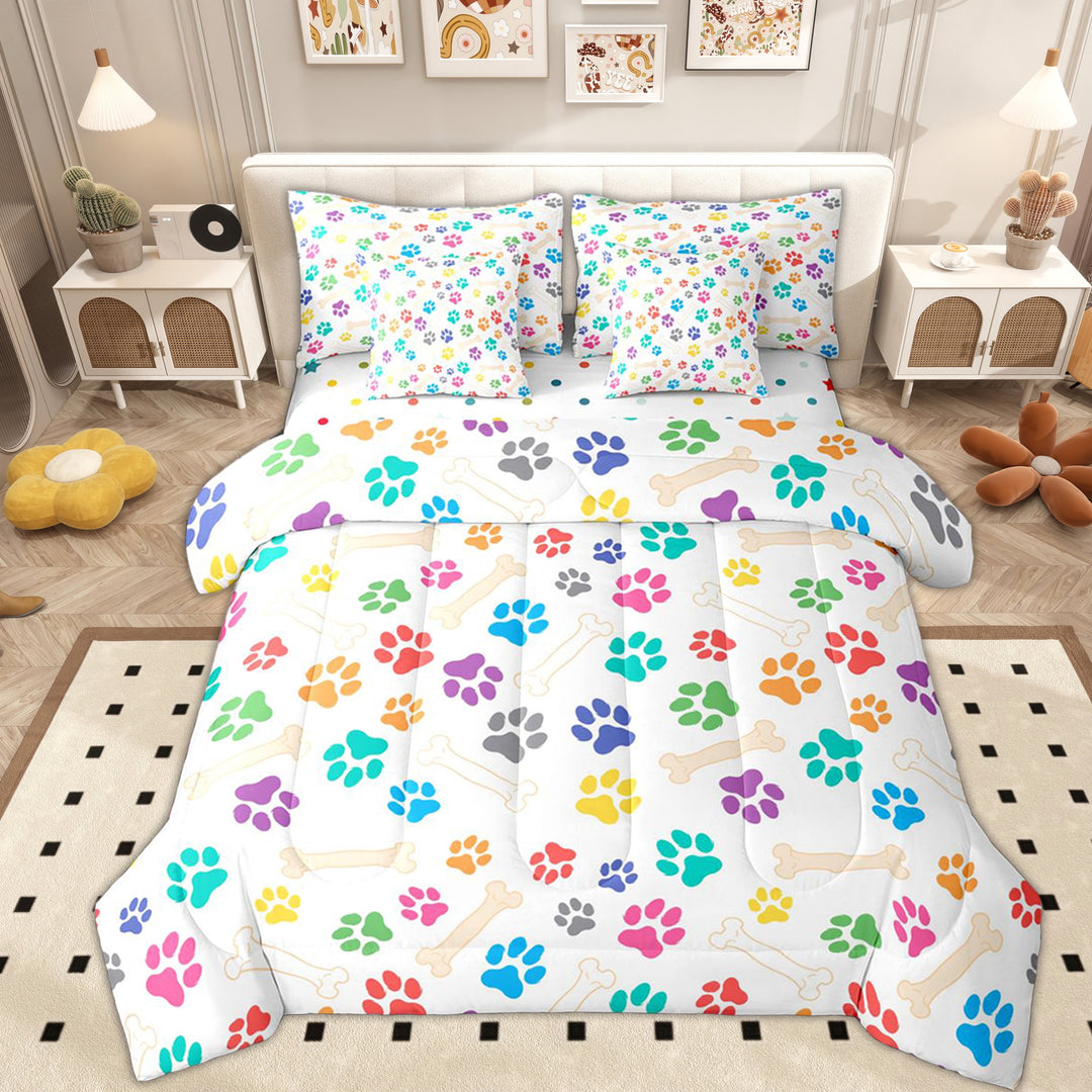 Erosebridal Cute Cat Dog Twin Bedding Sets 7-Piece for Kids, Cartoon Animal Bedding Comforter Set