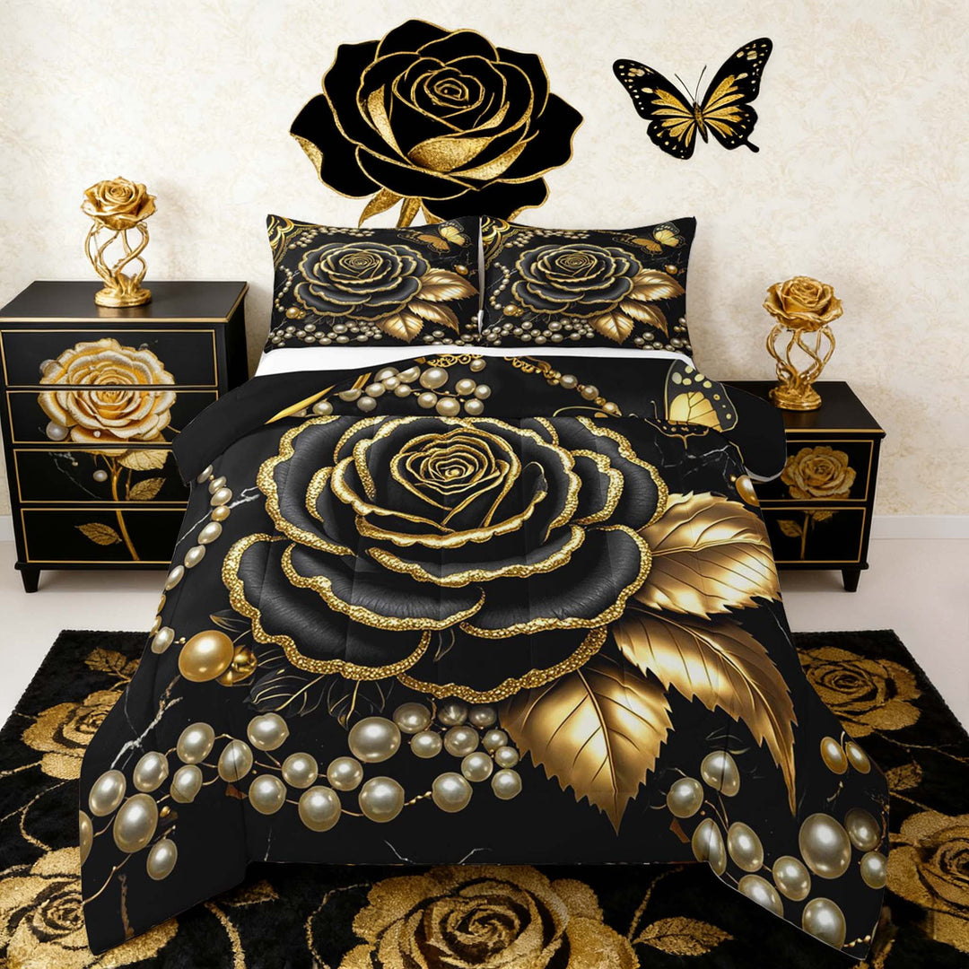 Manfei Black Gold Rose Bedding Sets Full with Comforter for Women, Golden Leaves Duvet Insert, Princess Pearl Comforter Sets Full Size, Lightweight Bedroom Decor, 3pcs Reversible