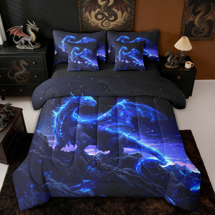 Erosebridal Glowing Starry Blue Dragon Twin Bedding Sets for Boys and Girls, Blue Cosmic Fantasy Bedding Comforter Set, Black Reversible, 7 Pieces