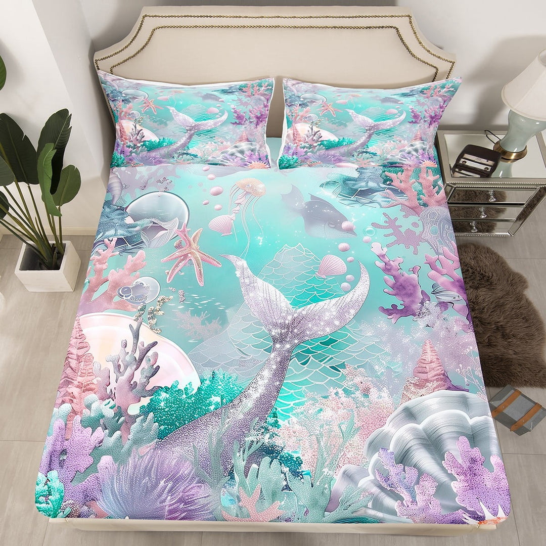 Ocean Fitted Sheet Sliver Purple Mermaid Tail Twin Bed Sheets,Nautical Sea Animal Sheets Starfish Coral Bedding Set,Dreamy Princess Room Decor£¨No Top Sheet£©