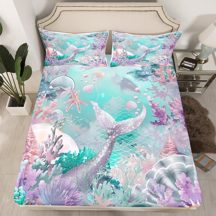 Ocean Fitted Sheet Sliver Purple Mermaid Tail Twin Bed Sheets,Nautical Sea Animal Sheets Starfish Coral Bedding Set,Dreamy Princess Room Decor£¨No Top Sheet£©