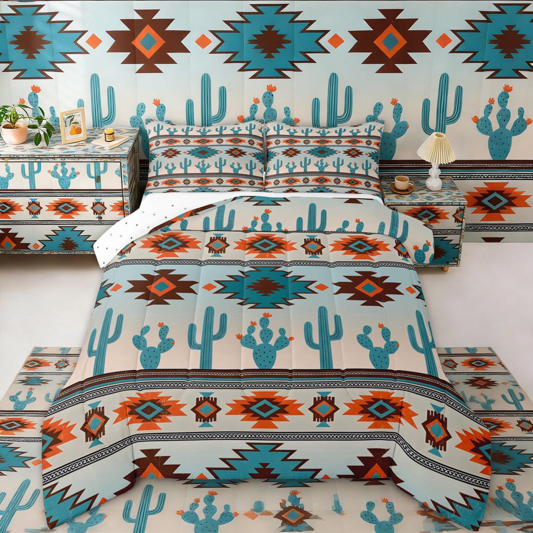 Erosebridal Teal Aztec Queen Comforter Set, Bohemian Cactus Bedding Comforter Set, Reversible 3pcs, 1 Comforter and 2 Pillowcases