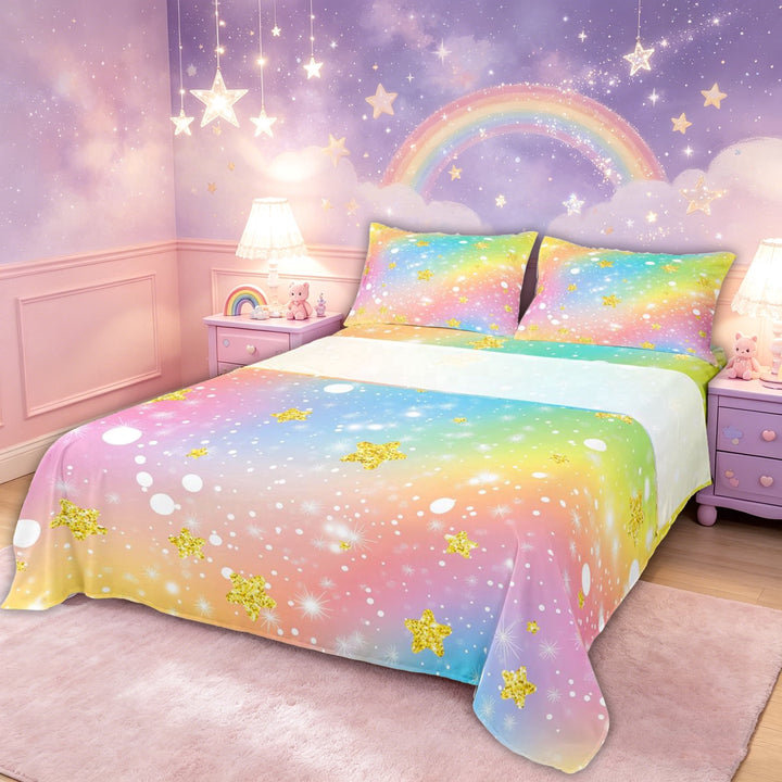 meiyoeat Whimsical Star Bed Sheets for Kids, Rainbow Sky Full Size Sheets for Bedroom, Orange Yellow, 4 Pieces