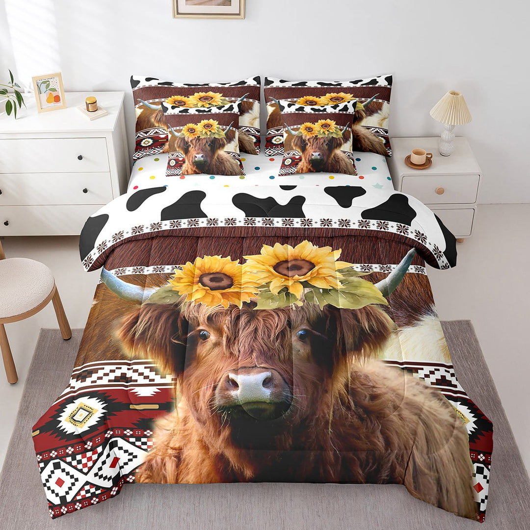 Highland Cow Bed in a Bag Queen Comforter Set 7 Piece,Sunflower Bedding Sets Patchwork Cow Print Cowhide Sheet Set with Comforter Geometry Aztec Western Decor for Home