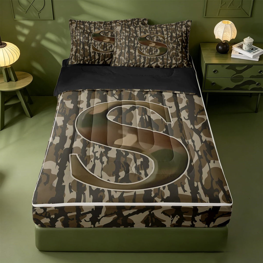 meiyoeat Personalized Camo Letter S Zipper Twin Comforter Sets with Fitted Sheet and 2 Pillowcases For Boy,Vintage Camouflage Alphabet Print Zipper Bedding Set,Black Reversible,4-Piece