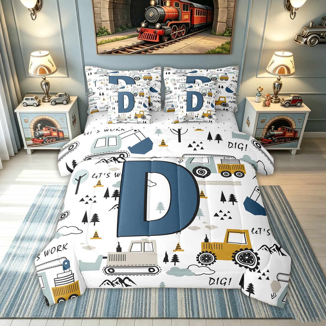 meiyoeat Construction Letter D Full Size Bedding Sets for Kids, Excavator Print Full Size Bed in a Bag for Bedroom, Blue, Reversible, 7pcs