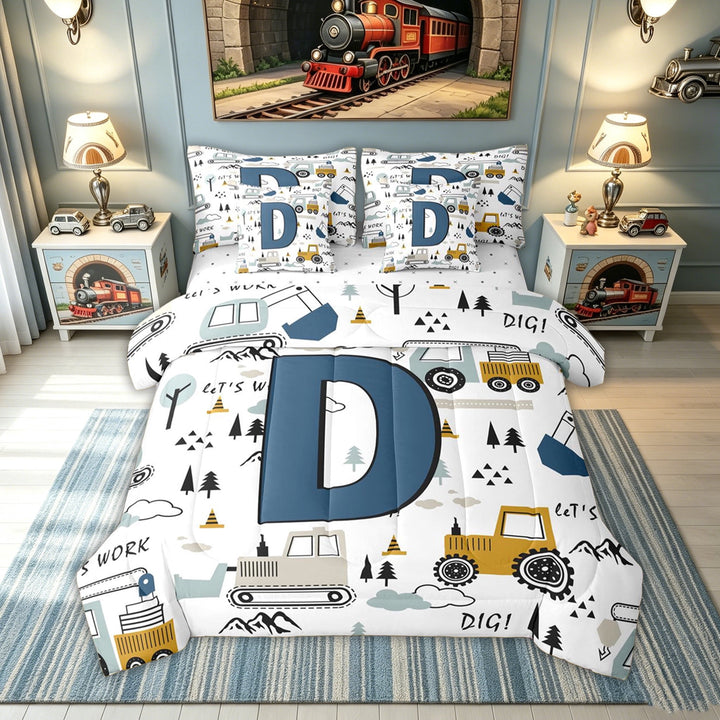 meiyoeat Construction Letter D Full Size Bedding Sets for Kids, Excavator Print Full Size Bed in a Bag for Bedroom, Blue, Reversible, 7pcs