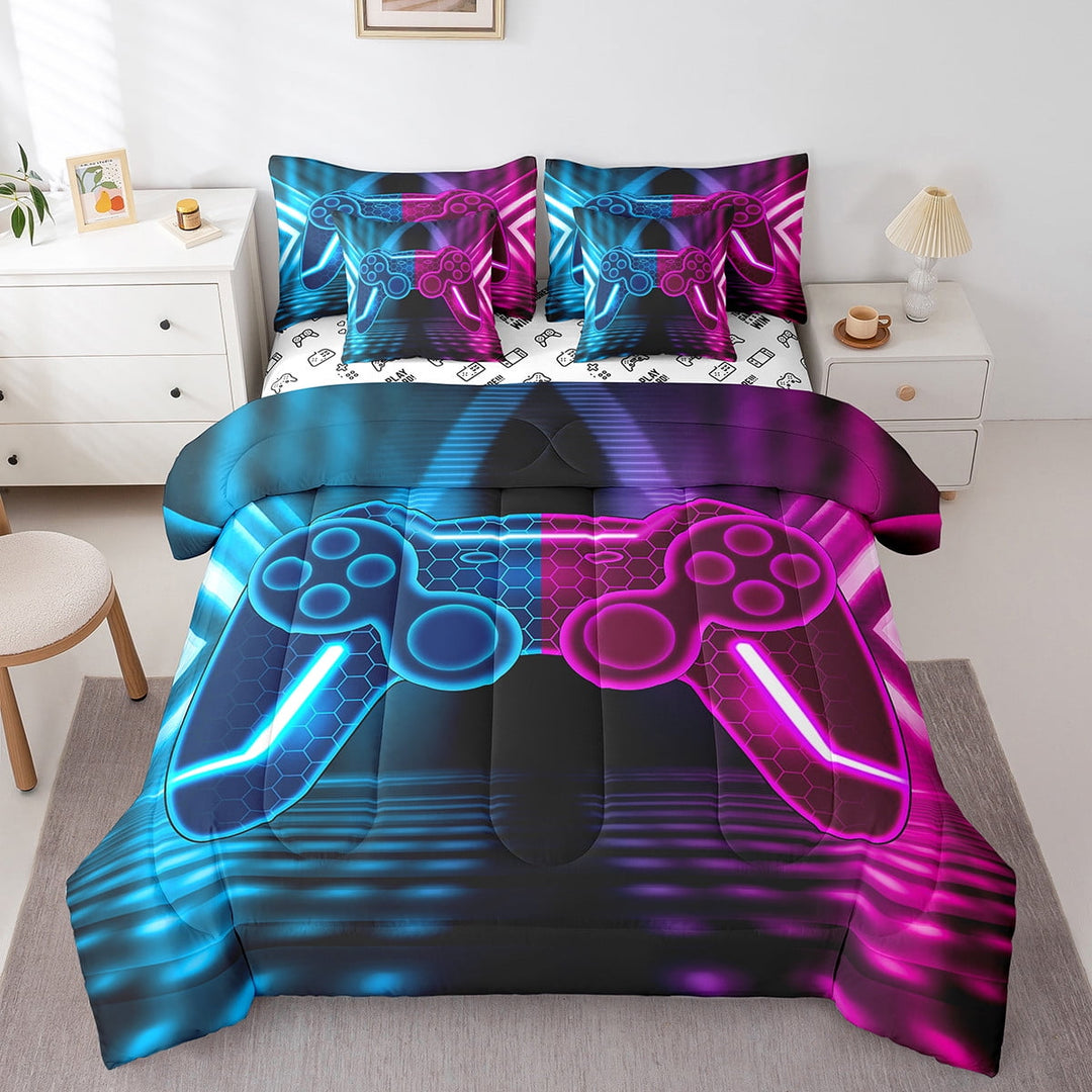 Erosebridal Gamepad Bedding Twin Size, Gradient Neon Geometric Bed in a Bag Twin size, Blue Purple, Reversible 7-Piece