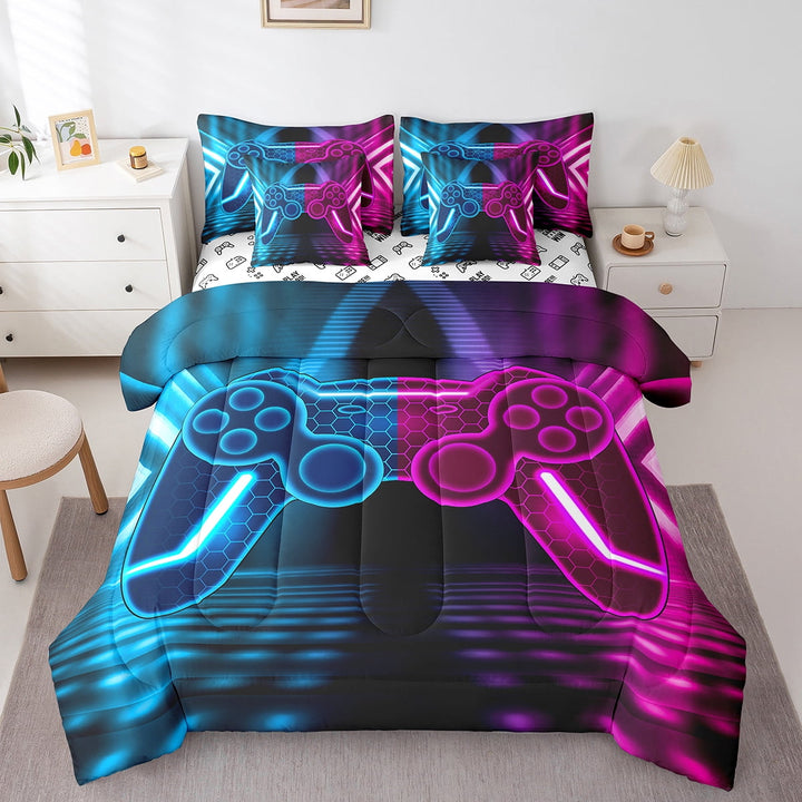 Erosebridal Gamepad Bedding Twin Size, Gradient Neon Geometric Bed in a Bag Twin size, Blue Purple, Reversible 7-Piece